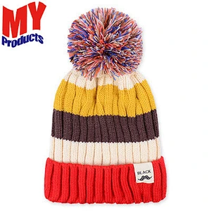 Fashion Acrylic Unisex Luxury Wool Ribbed Natural Pom Pom Ball Warm Wool Knitted Beanie Hat Winter Cap