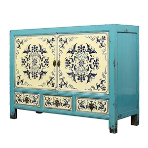 chinese antique Mediterranean blue and white painted solid wooden vintage living room buffet