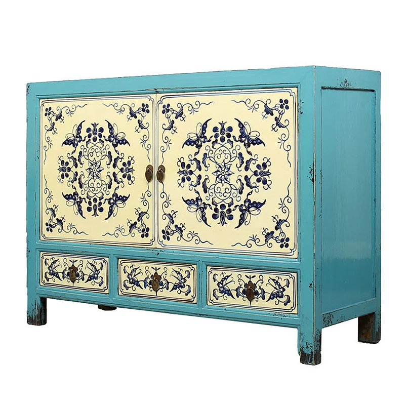 chinese antique Mediterranean blue and white painted solid wooden vintage living room buffet