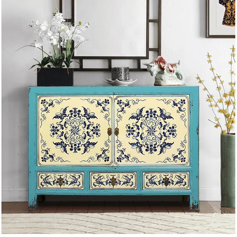 chinese antique Mediterranean blue and white painted solid wooden vintage living room buffet