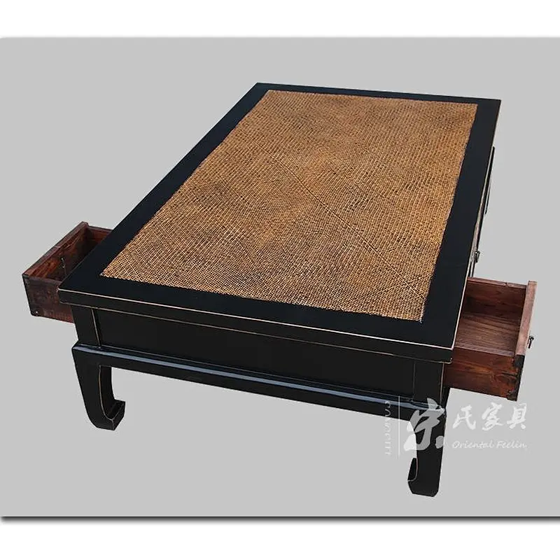 chinese lacquer solid wood pine rattan top coffee table furniture