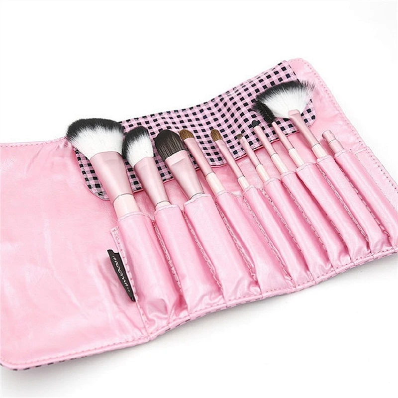 Customized Logo Pink 10pcs Makeup Brush Set With Plaid Makeup Bag Foundation Powder Makeup Brush Eye Shadow Eyebrow Lip Brush