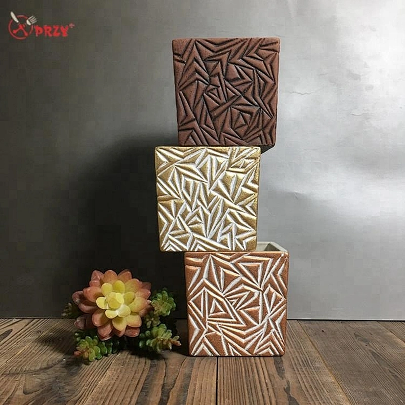 Geometric texture flower pot mold succulents Square Cement planter decoration silicone molds