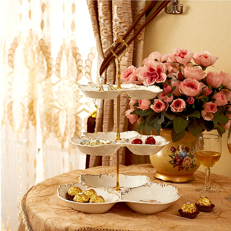 European Ceramic three layers of fruit plate three continuous with gold crown