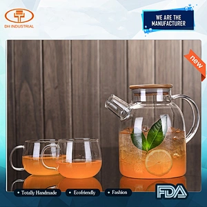 High Quality Customized Logo Eco-friendly Insulated Glass Pot With Wooden Lid for Coffee Juice Glass Tea Pot Cup Set