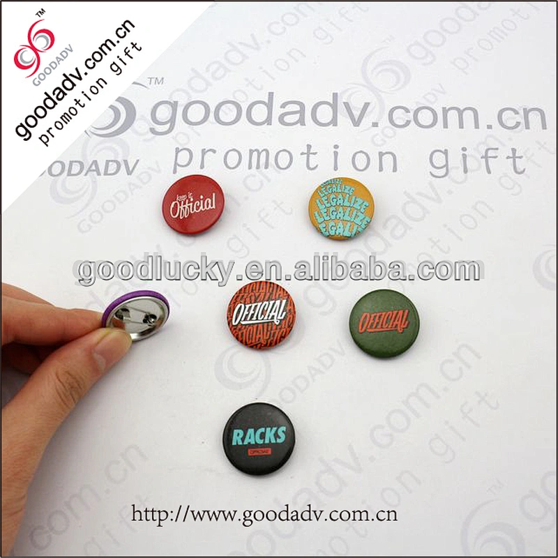 Round custom tin badge for clothes with safety pin and cardboard