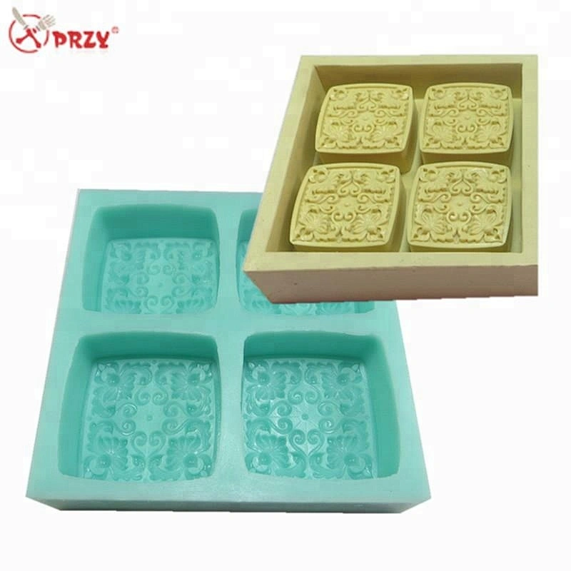 4 Cavities flower pattern Cake mould Silicone Curved Soap molds square Ice mold