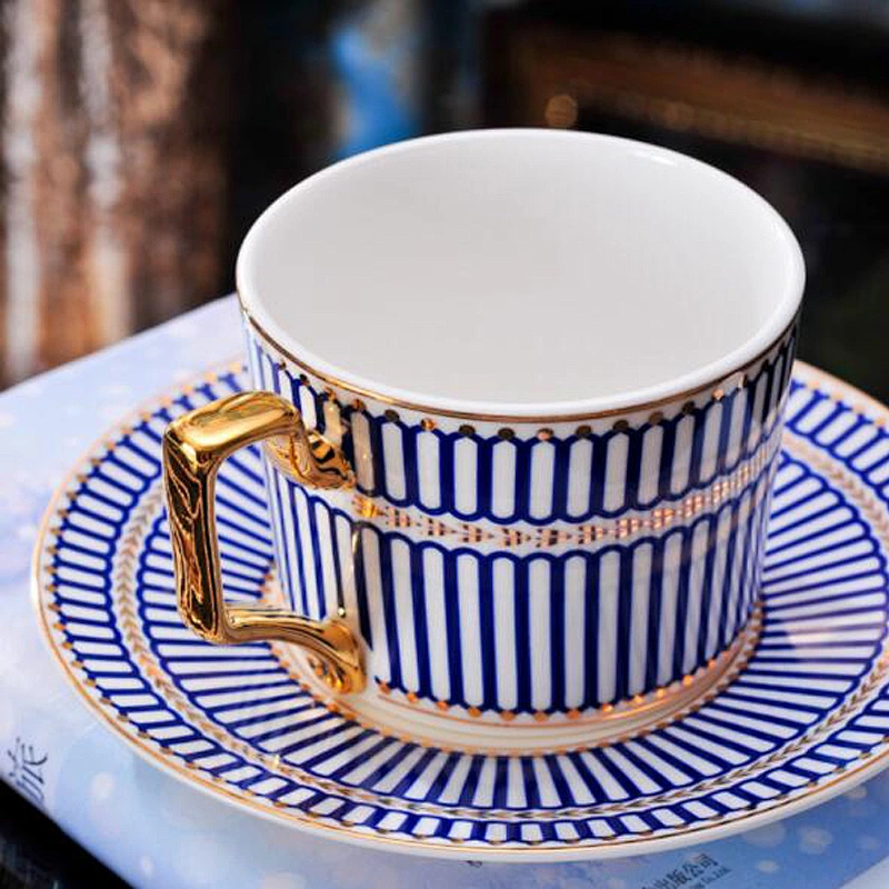The best price Blue plaid pattern ceramic cup with tray set CE Authentication for afternoon tea
