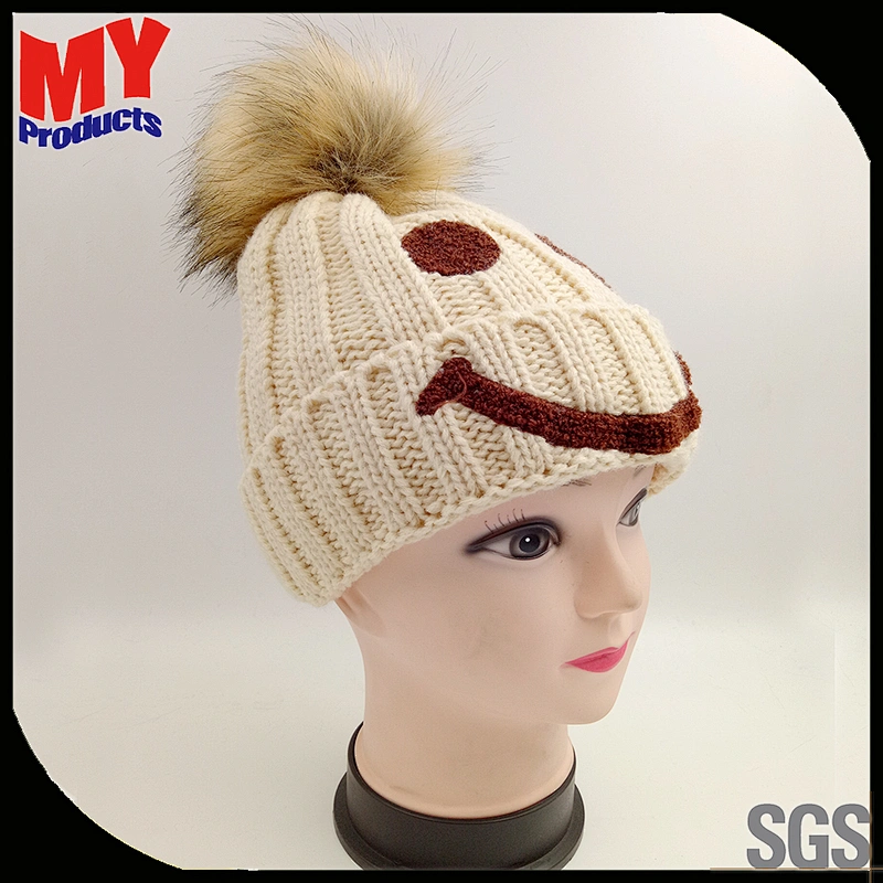 Manufacture adult kids warm winter hat custom knitted beanie hat with top fur ball