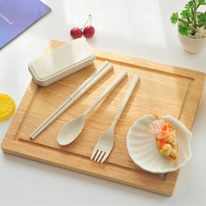 New Style in Stock Restaurant Goods Wheat Straw 3-Piece Spoon Chopsticks Fork Utensil Set Portable Camping Tableware Set