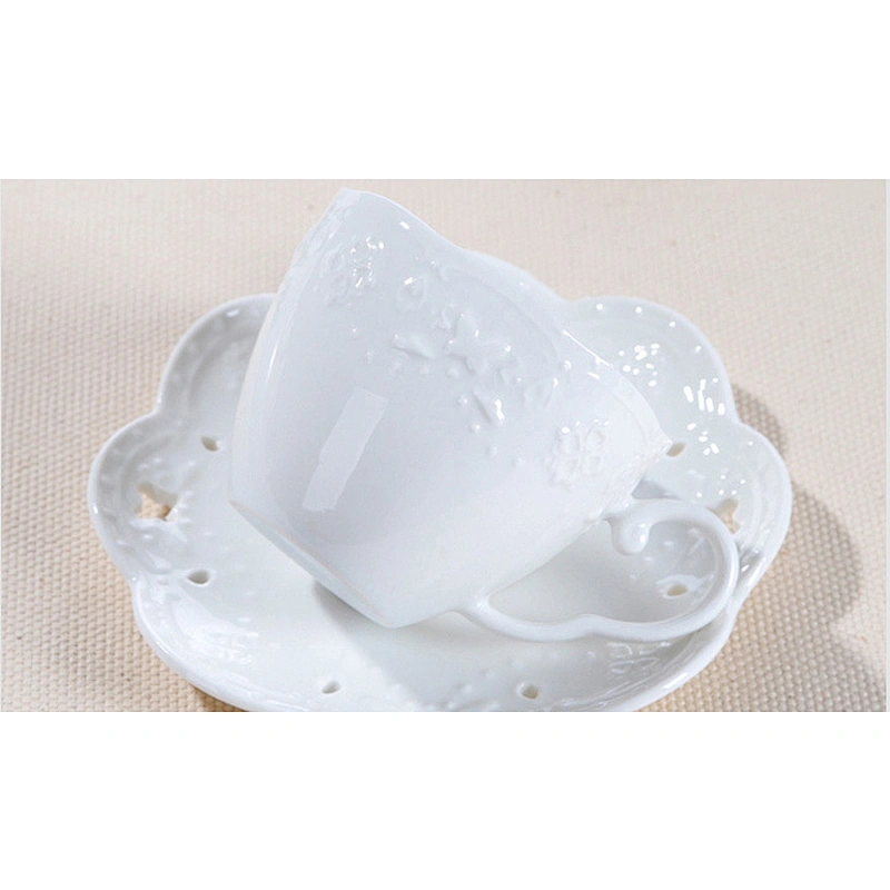 Concise style white porcelain cup big capacity ceramic coffee cup and saucer 6 pieces with stand