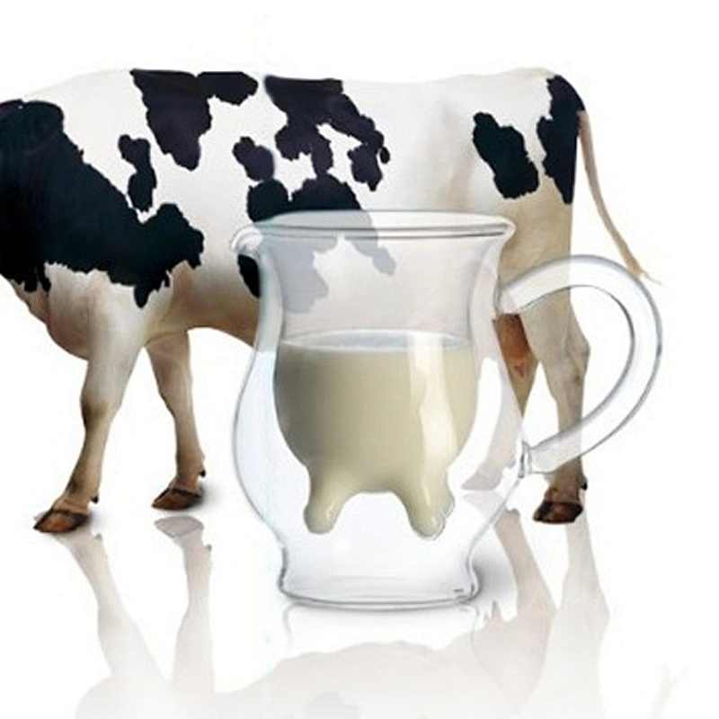 Customized double wall cow shaped glass cup 250ml for tea milk coffee