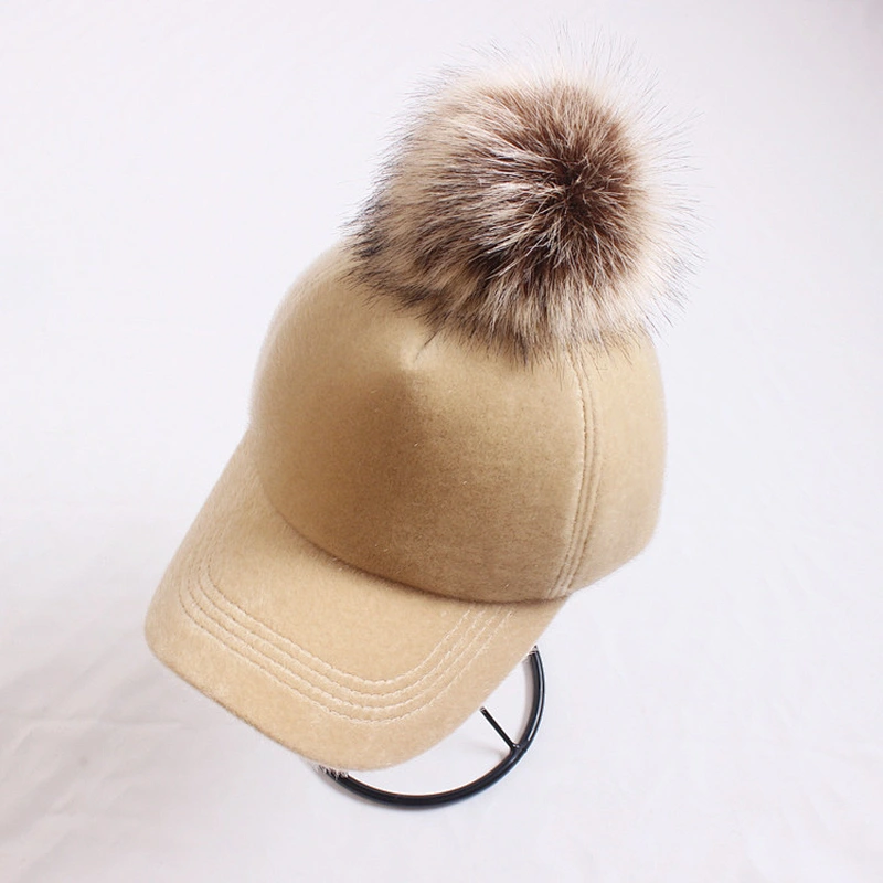 Ladies suede leather embroidery designs fur ball pom pom cap