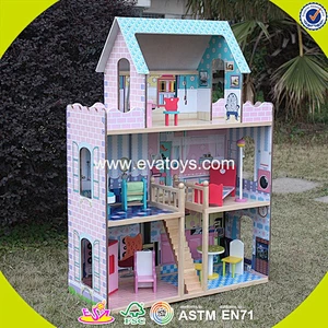 wholesale lovely role play kids wooden dollhouse delicate style children's wooden pink dollhouse for sale W06A032