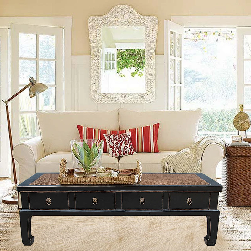 chinese lacquer solid wood pine rattan top coffee table furniture