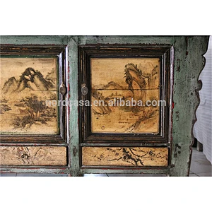 Shiny Old Three Door cabinet chinese sideboard antique light blue frame high glossy asian used furniture cabinet