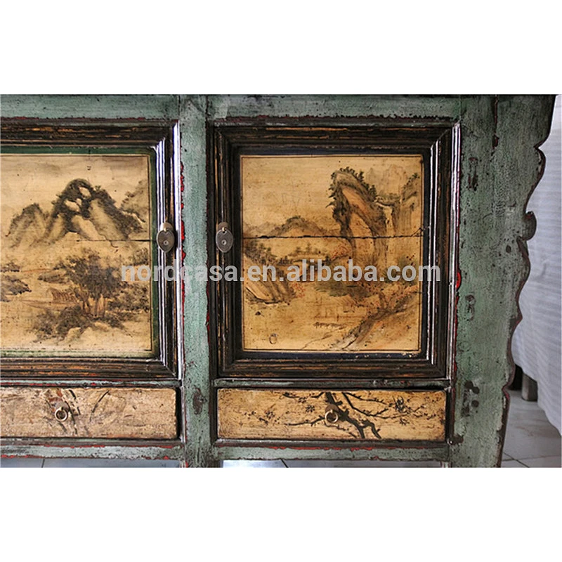 Shiny Old Three Door cabinet chinese sideboard antique light blue frame high glossy asian used furniture cabinet