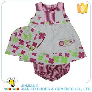 Top design flower pattern printing cotton summer baby girls dress set with hat