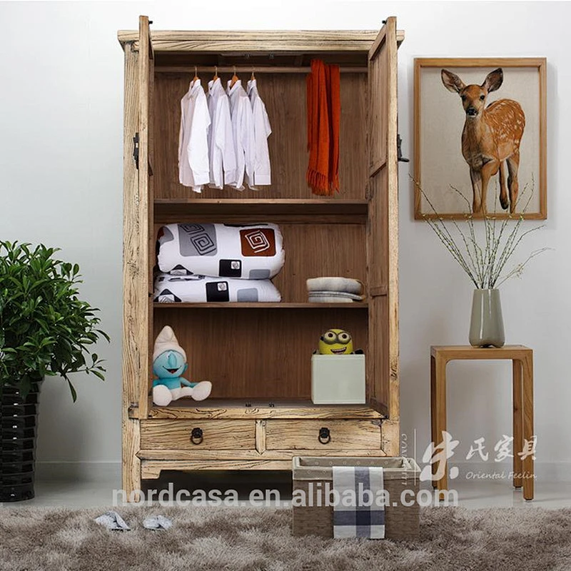 Antique chinese wooden bedroom natural color tall cabinet
