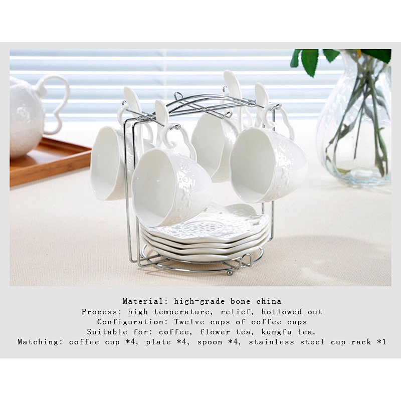Elegant white carving pateern design combined cup+dish sets for afternoon tea