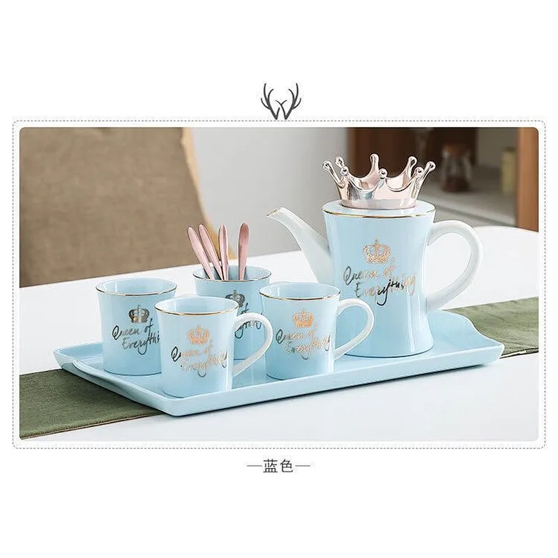 Factory Wholesale in-stock Water Kettle Delicate Ceramic Coffee Cup 10 pcs Porcelain Tea Set with Tray