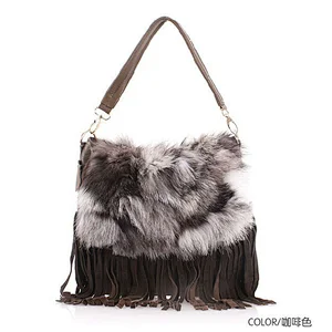 2012 elegant rabbit fur genuine leather lady handbag with tassels G7021