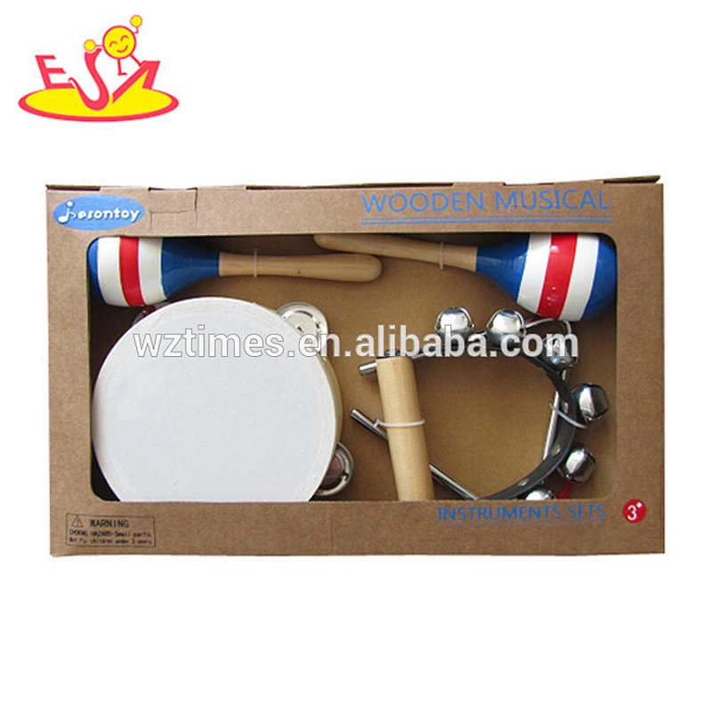 Wholesale educational wooden kids pink musical toy with drum and harmonica W07A034