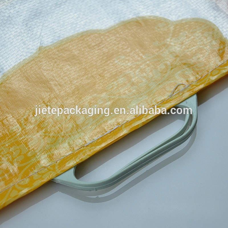 Transparent plastic PP woven bag for 15kg rice with printing, handle, lamination