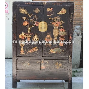 antique wood furniture lacquered black with painting old Wardrobe