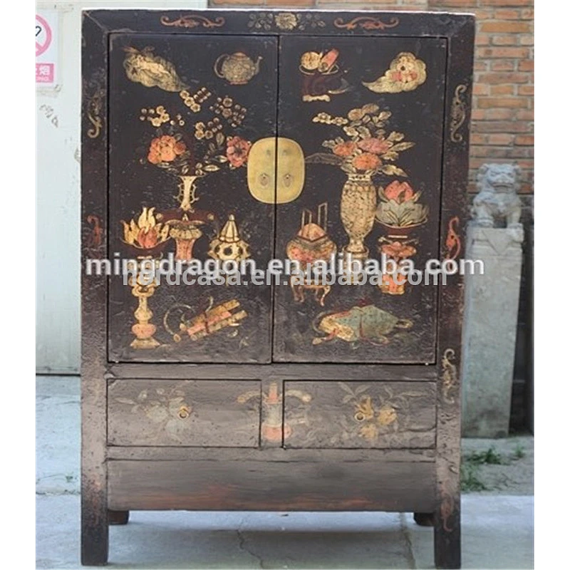 antique wood furniture lacquered black with painting old Wardrobe