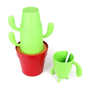 Mugs & Spoon Set 4-piece for Drinking Coffee / Tea / Beverage, Creative Cactus Shape, Plastic Stacking Small Cups Mugs for Cute