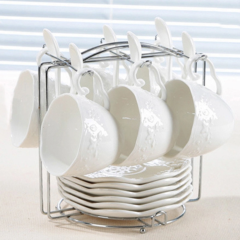 Concise style white porcelain cup big capacity ceramic coffee cup and saucer 6 pieces with stand