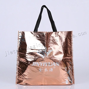 Shining gold colored stande up plastic non woven shopping bag for market