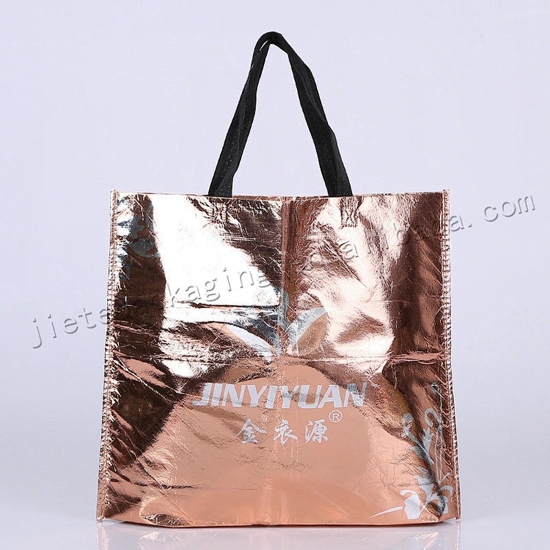 Shining gold colored stande up plastic non woven shopping bag for market
