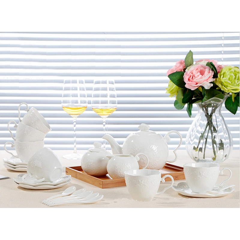 European Ceramic Tea Cup Set Porcelain Simple Coffee Cup Plate Spoon Set Sugar Milk Cans Customized Logo Gift Six Sets With Tray