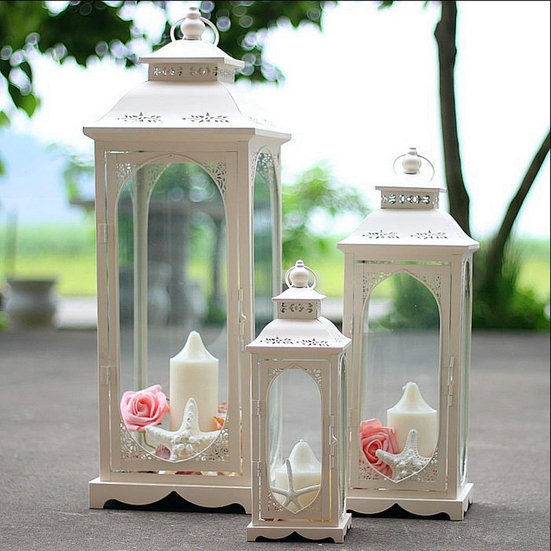 27 inch Tall White French Style Decorative Metal & Glass Candle Lantern Candle Holder For indoor And Outdoor Use