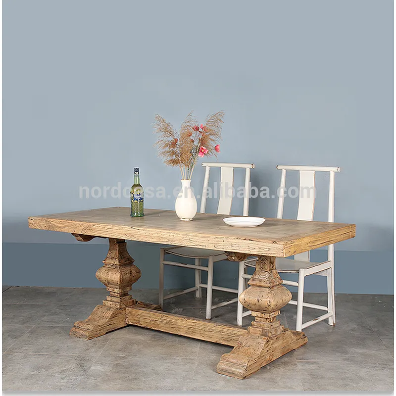 Vintage wood dining table carved square old pine table