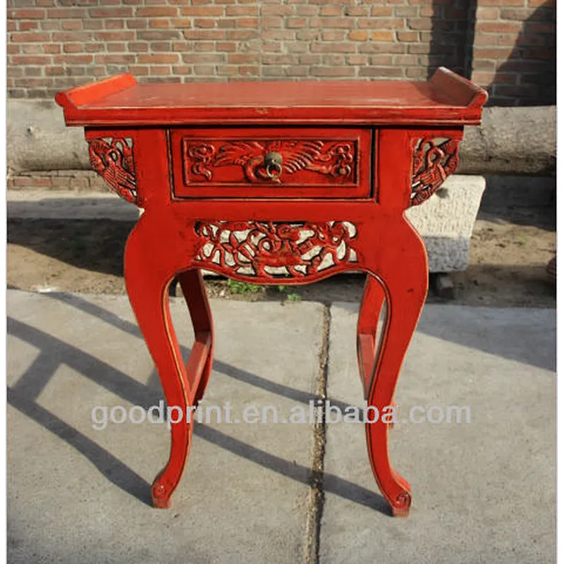 Chinese Folk Art Antique Vintage Handcrafted 1-Drawer Wooden Mini Table