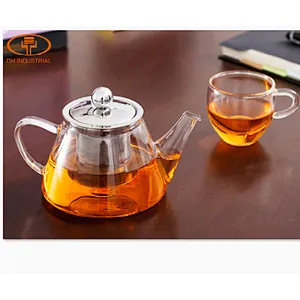 glass tea pot with 304 stainless steel strainer , glass tea cups with handle