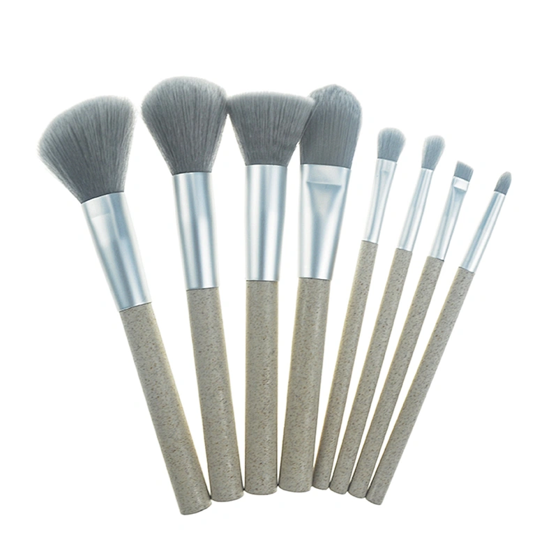 New Arrival Gray Ferrule Recyclable Straw Handle 8pcs Makeup Brush Set With Private Label