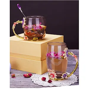 Magnificent decorate flower engrave cup enamel glass cup with metal handle for flower tea