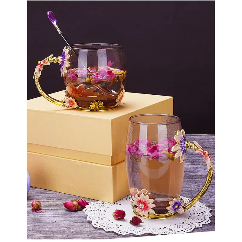 Magnificent decorate flower engrave cup enamel glass cup with metal handle for flower tea