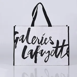 Custom white pp woven bag black logo shopping bag