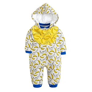 Wholesale Baby romper newborn boy clothes long sleeve hoody padded jumpsuit with bib set print banana