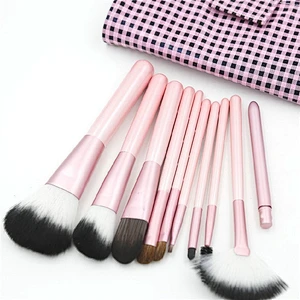 Customized Logo Pink 10pcs Makeup Brush Set With Plaid Makeup Bag Foundation Powder Makeup Brush Eye Shadow Eyebrow Lip Brush