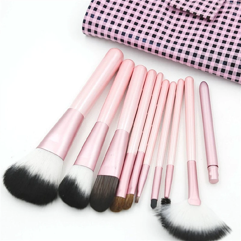 Customized Logo Pink 10pcs Makeup Brush Set With Plaid Makeup Bag Foundation Powder Makeup Brush Eye Shadow Eyebrow Lip Brush