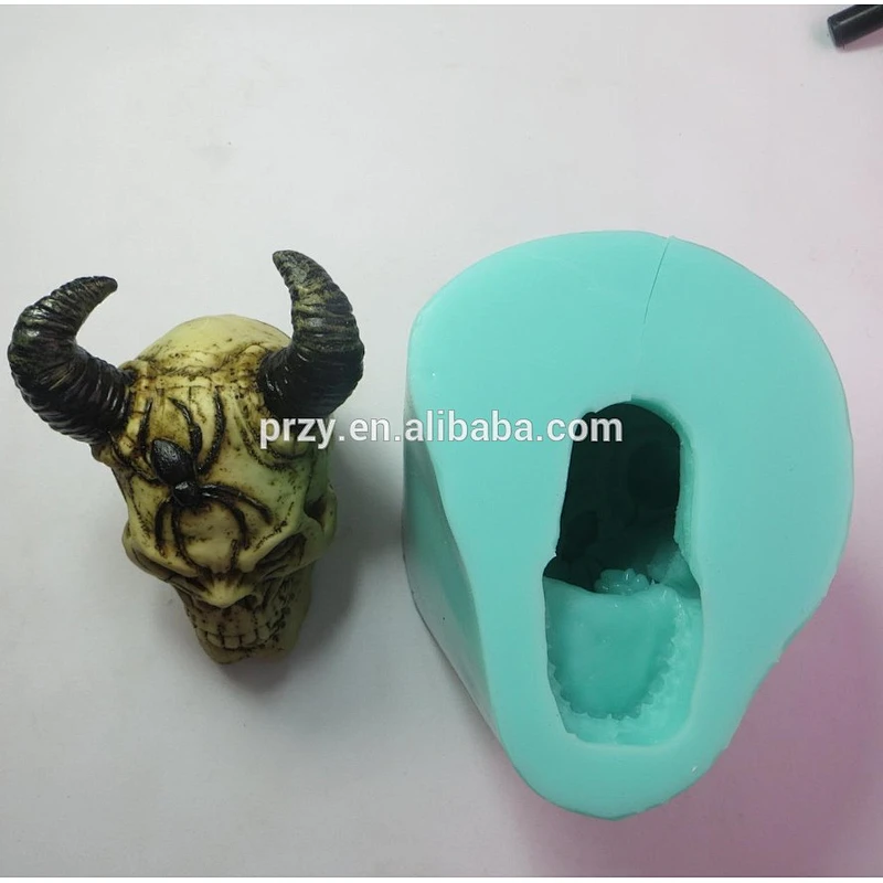 QT0002 3d Sheep Shofar skull with a spider on head silicone molds for concrete Halloween handmade soap mold PRZY
