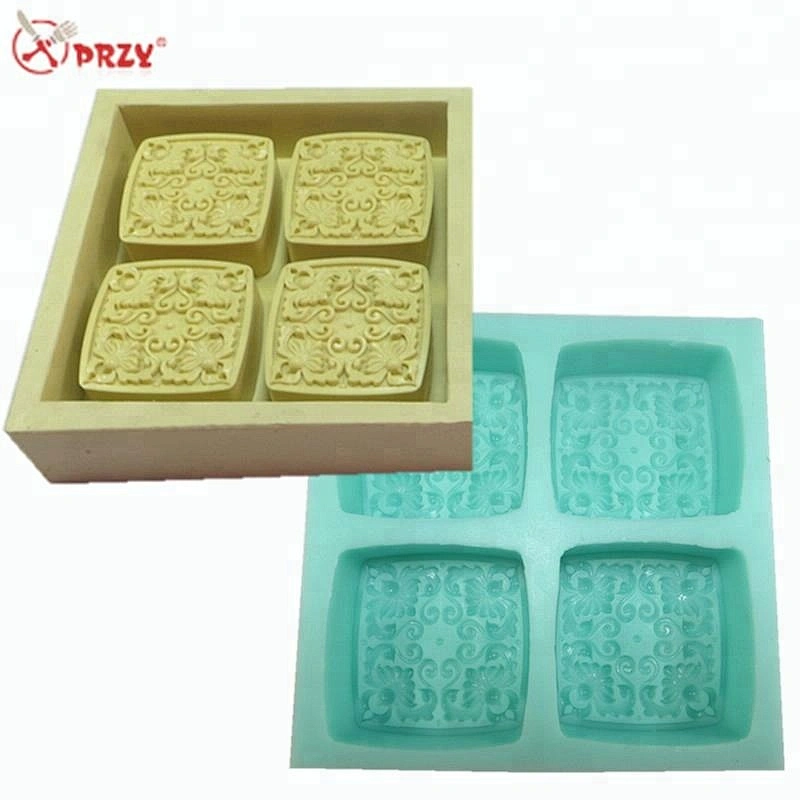 4 Cavities flower pattern Cake mould Silicone Curved Soap molds square Ice mold