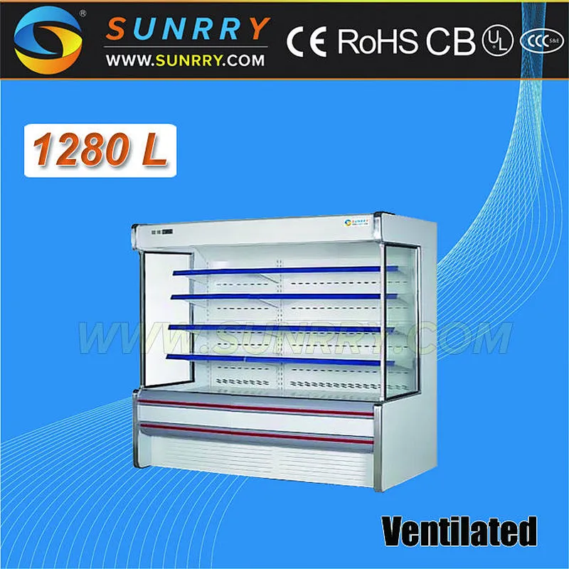 Supermarket fruits vegetables display refrigerator and freezer case