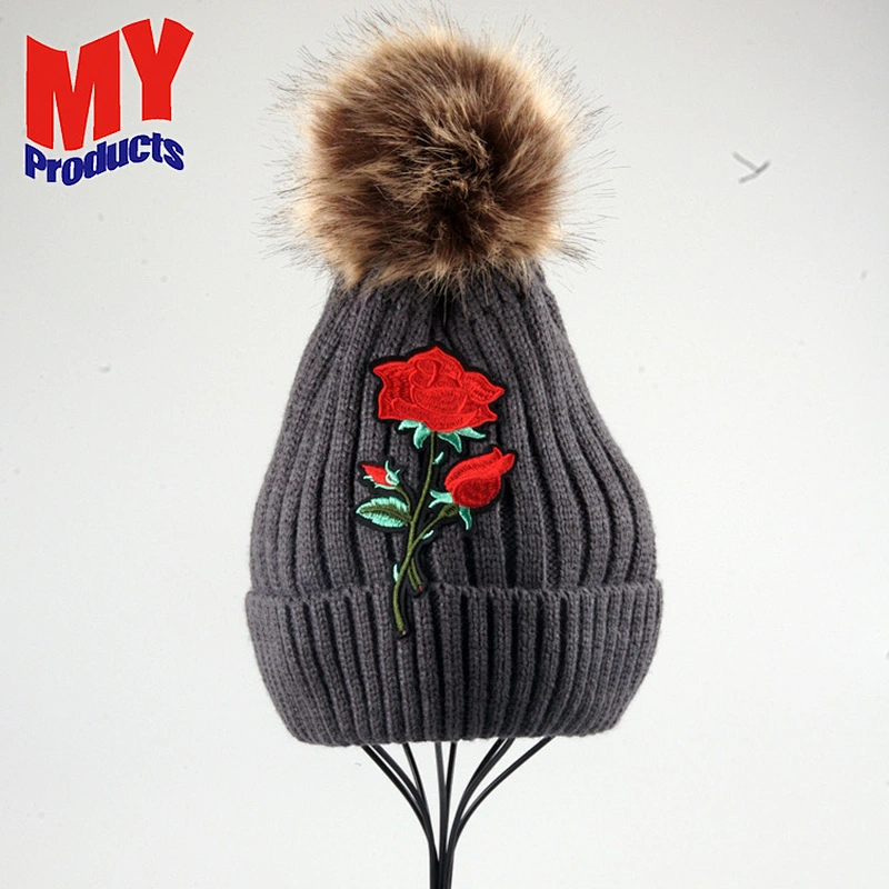 New Product Super Quality Rose Woman Emboribery Slouch Beanie Hat Knitted Beanie Hat